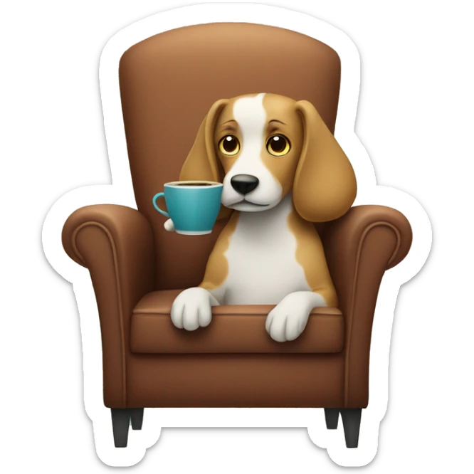a dog with a long snout sitting on a chair holding a cup of coffee sticker