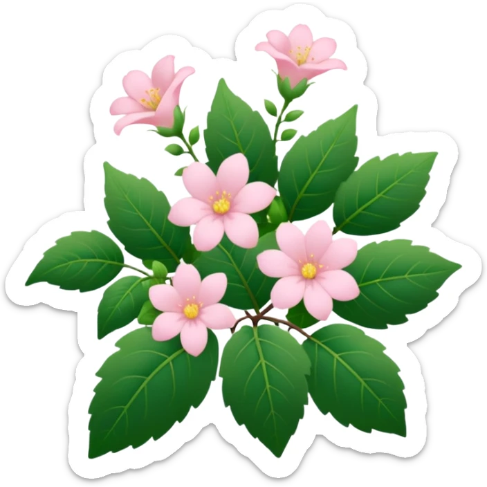 Aesthetic flowers and plants growing from the ground in colours of soft pink matching the deep green leaves (to describe/match with the word flourish) more of a wild bush or vine  sticker