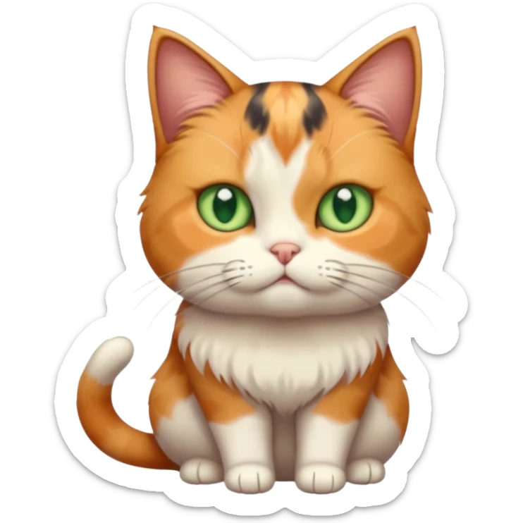 full body calico cat with skinny head and fat body with an anxious face sticker