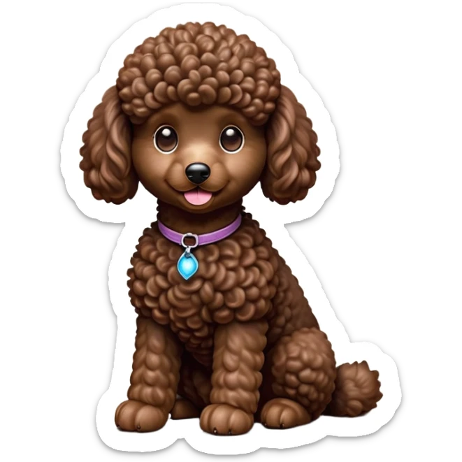cinematic-[poodle]-realistic-full-body-sitting-emoji,-tail-resting-loosely-beside-its-paws,-head-tilted-dramatically, -curly-[chocolate]-fur,-simplified-yet-realistic-focused-features,-highly-detailed,-glowing-with-an-almost-sarcastic-glow sticker