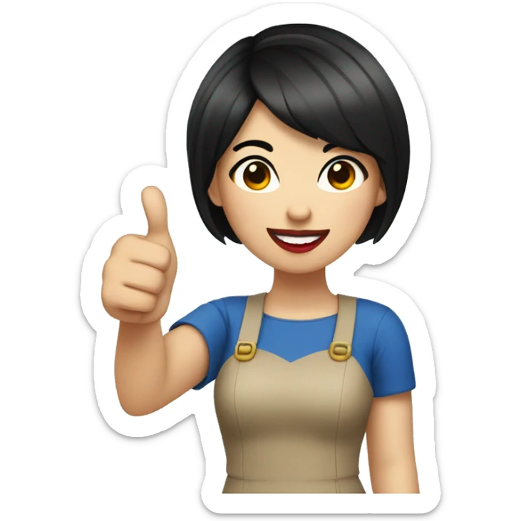 A pretty young asian woman short black hair red lipstick wearing a blue top and giving thumbs up sticker