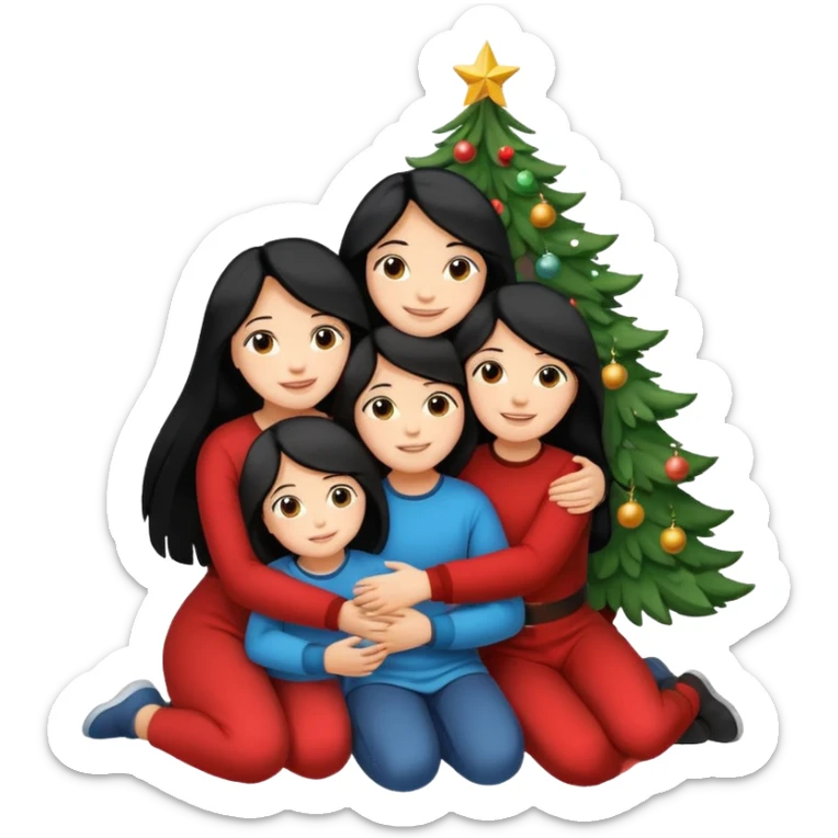 Generate Christmas-style emojis  family. Where light-skinned people stand near the tree all together, hugging and smiling. One girl should be light-skinned with black long hair. Add 4 people: Mother, Sister, Sister, Brother sticker