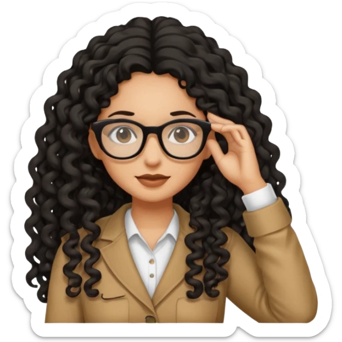 Tan girl with black long curly hair posing with hand in hair add glasses sticker