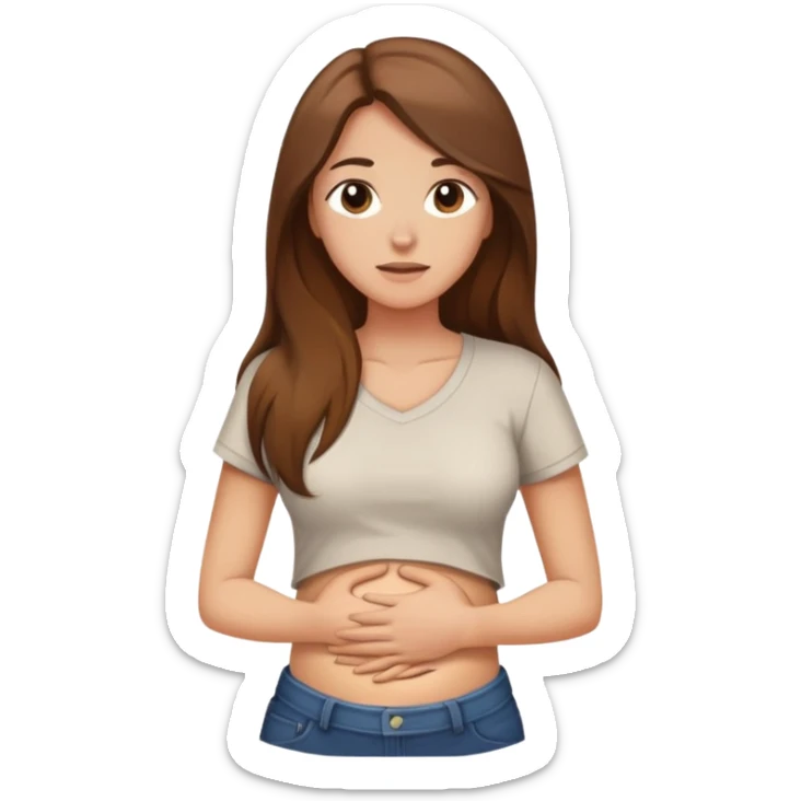 Crying woman with long brown hair rubbing stomach with shirt on sticker