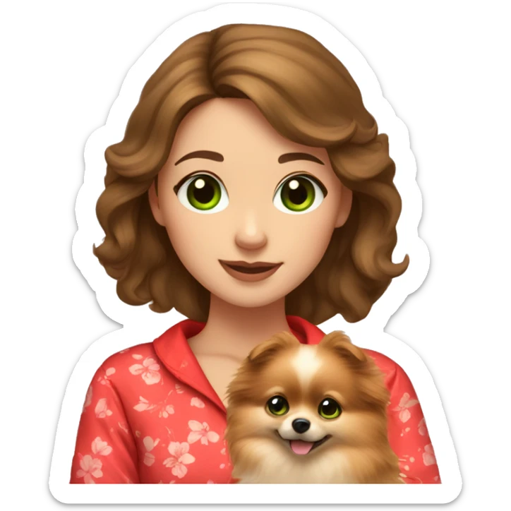 light-skinned-girl-with-brown-hair-and-green-eyes-in-red-pajamas-petting-pomeranian sticker