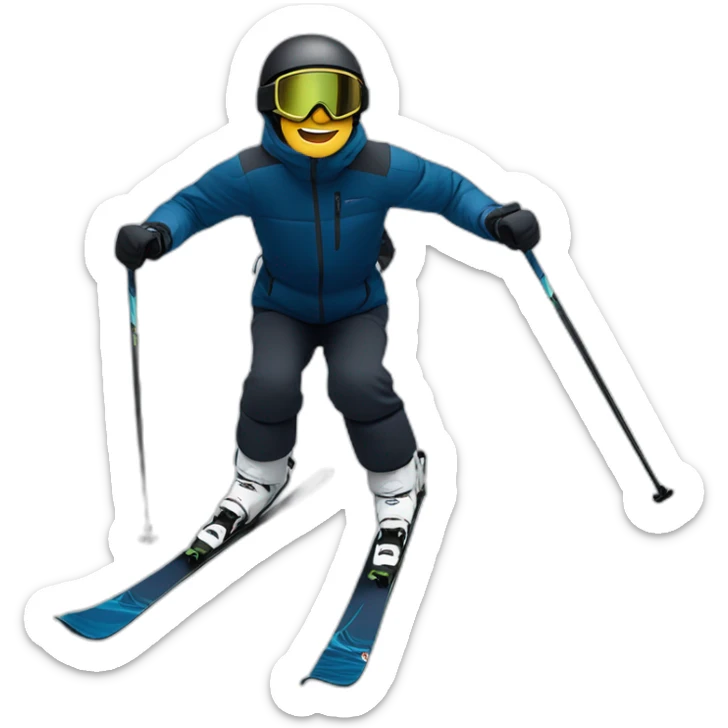 male skier wearing a black helmet, tinted visor glasses, a navy blue jacket, black pants with an eagle flying overhead sticker