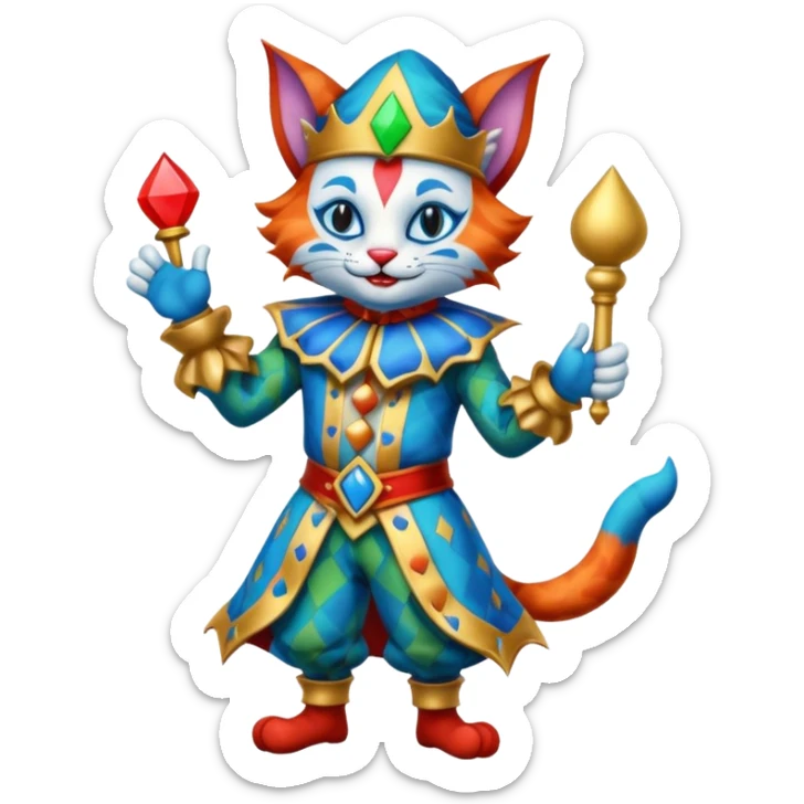 crazy colorful cute little cat jolly joker from poker, medieval, vintage, court jester, mac os icon, blue color, full body sticker