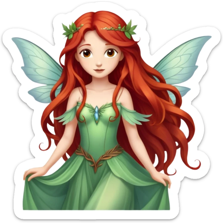 Une magnifique  fée avec de belles ailes une magnifique robe naturelle avec de très long cheveux roux avec des yeux marrons  sticker