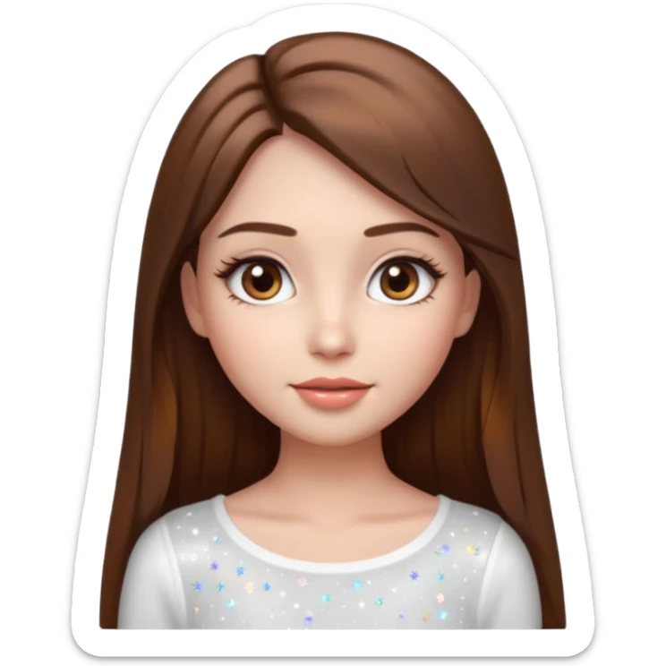 pretty cartoon girl, semi-realistic 3D emoji style, long straight brown hair, brown eyes, long eyelashes, soft glam makeup, glossy lips, smooth skin, cute aesthetic, sparkles in hair, white top sticker
