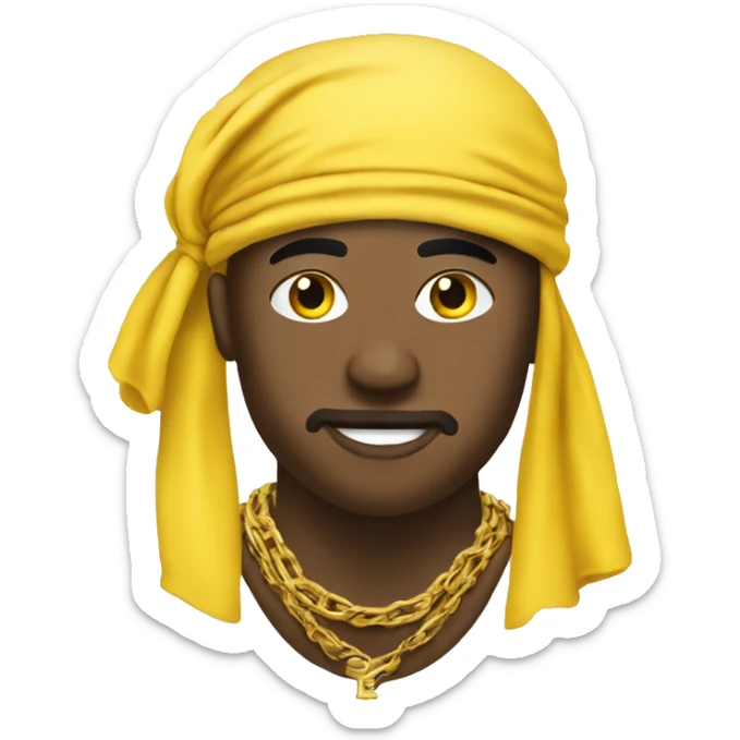 yellow emoji with a durag with all the caribbean falgs on it wearing a gold chain sticker