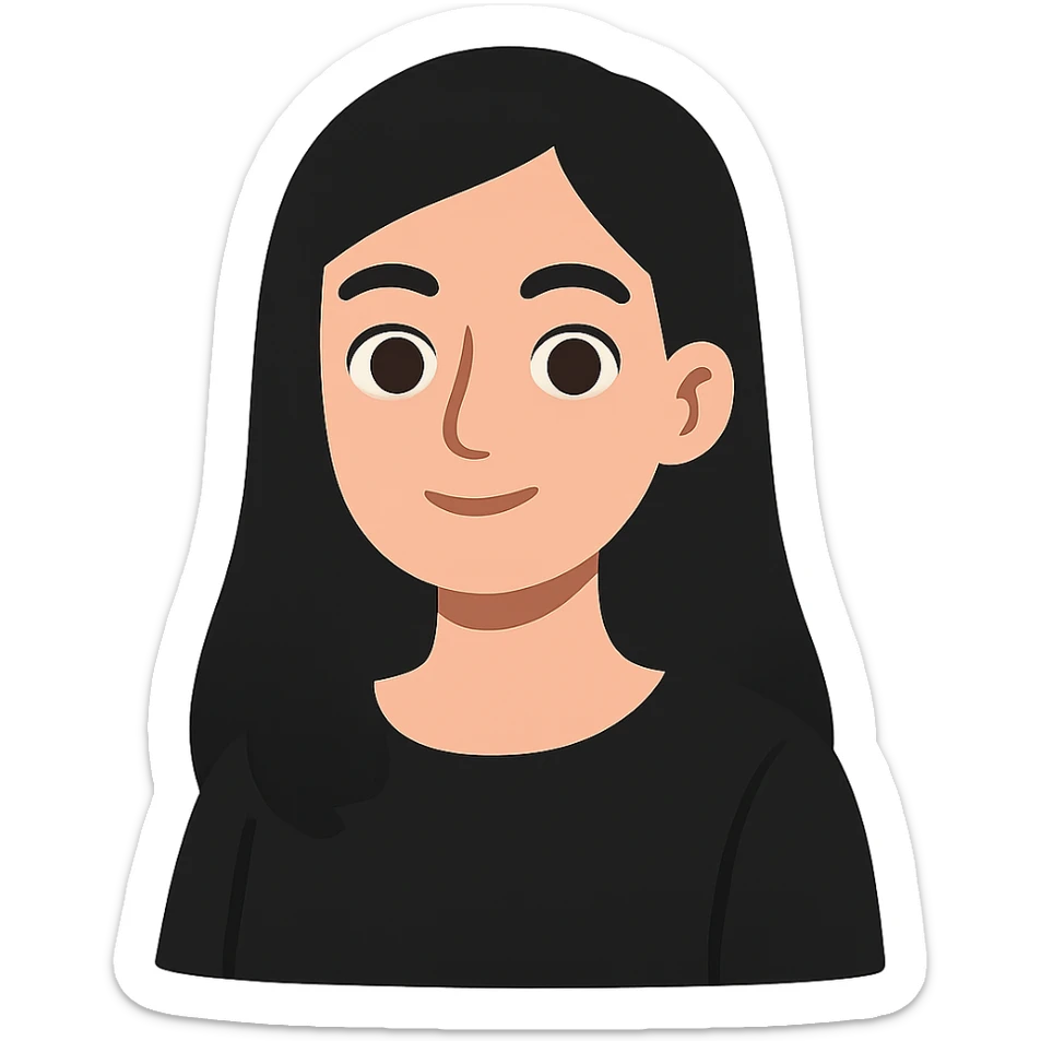 flat-toon style white woman with rounded brown eyes, long black hair, black blouse sticker