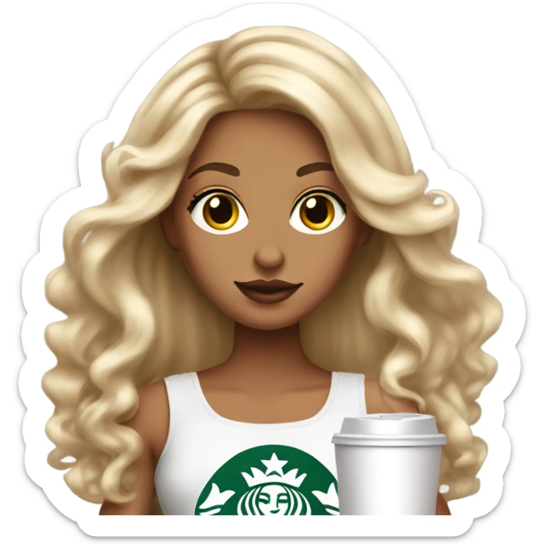 Tanned girl with long blonde hair extensions with big lips and lashes with a Starbucks in her hand. sticker