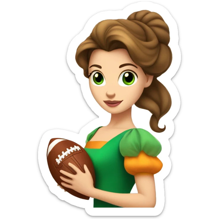White Disney princess Belle with green eyes in orange dress holding a football sticker