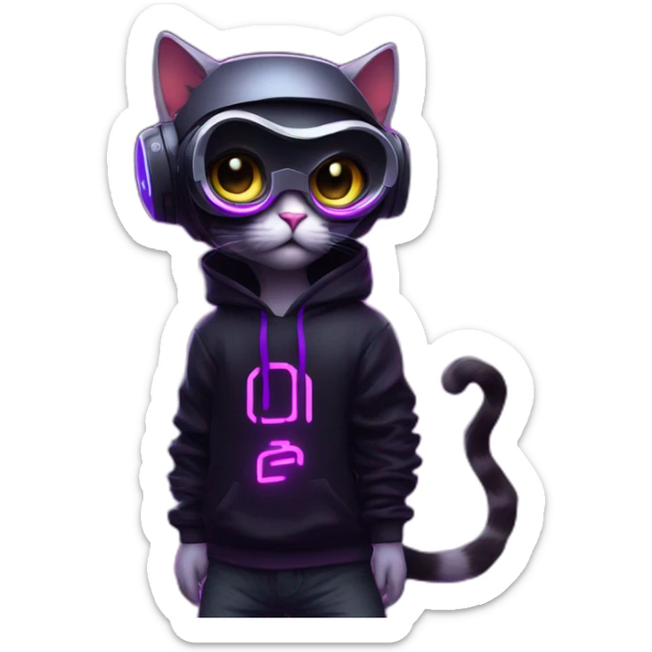 cat wearing a black hoodie with "OMG" letters on it and VR headset in a cyberpunk VR environment with violet neon lighting. sticker