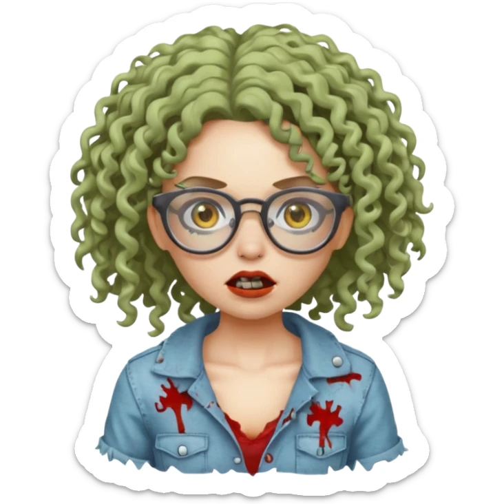 an emoji of a zombie girl with curly hair and wearing clear glasses sticker
