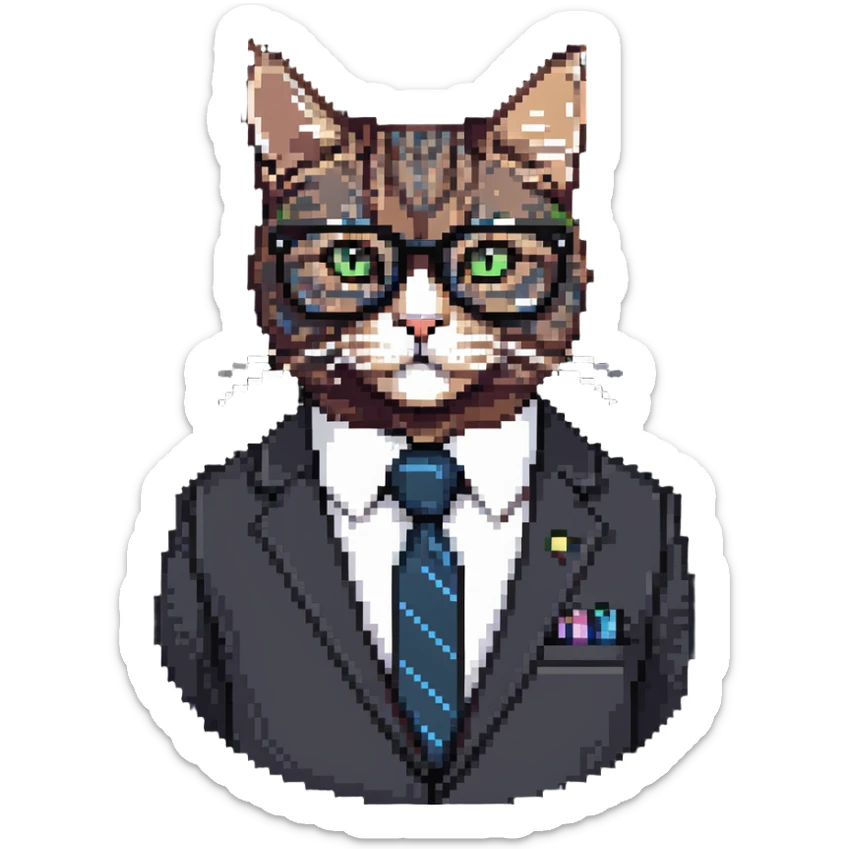 business cat with glasses looking like an office boss, wearing a suit and tie sticker