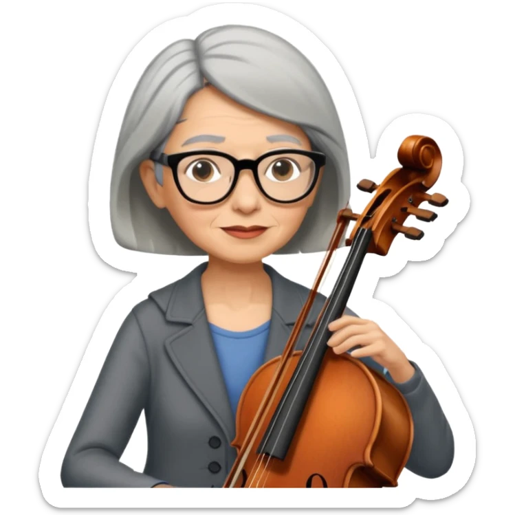 an emoji of my mum playing the cello, she has short black-ish gray hair, wears glasses, she is small sticker