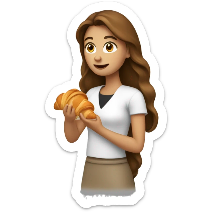 Woman with long brown hair is eating croissant sticker