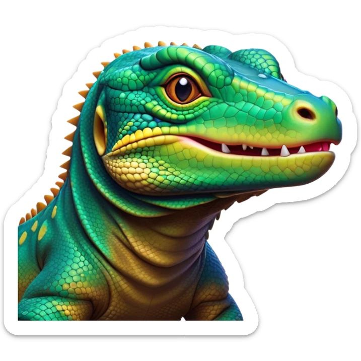 Cinematic Cute Komodo Dragon Lizard Portrait Emoji, Head tilted playfully and inquisitively, with a sleek, scaled form accented by vibrant hues and curious, sparkling eyes, Simplified yet irresistibly adorable features, highly detailed, glowing with a warm, lively glow, high shine, affectionate and spirited, stylized with a touch of exotic charm, bright and endearing, soft glowing outline, capturing the essence of a mischievous yet captivating lizard that seems poised to scurry out of the screen into your heart! sticker