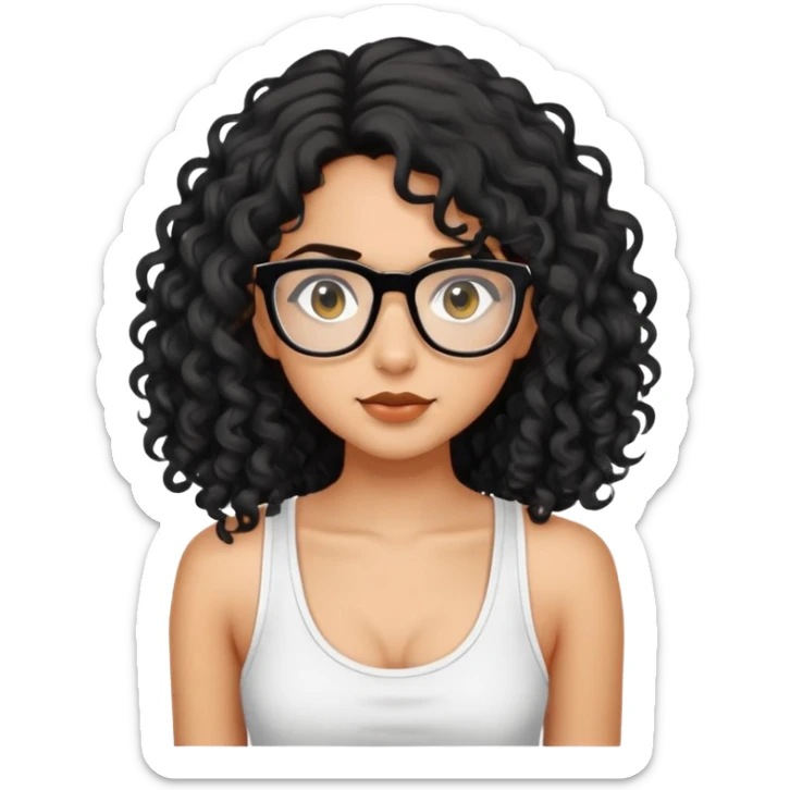 A girl with kinda long black curly hair, brown eyes, black frame glasses, olive skin, white tank top sticker