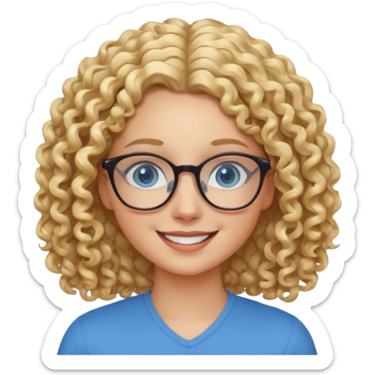 Friendly looking white girl with curly, blonde hair, blue eyes, and glasses. sticker