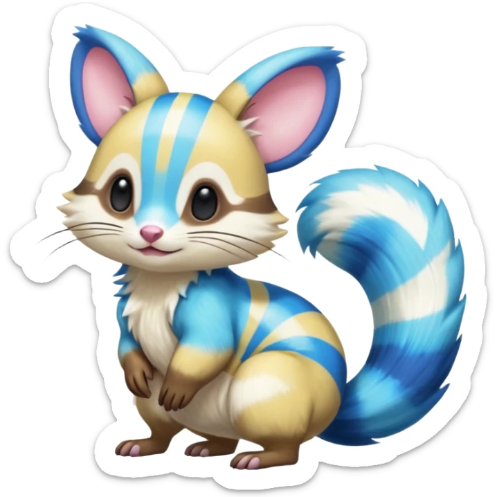 Neon-yellow and neon-cobalt-blue- and cyan-gradients-striped Furret-Emolga-Genet-Cacomistl-hybrid-fusion (full body) sticker