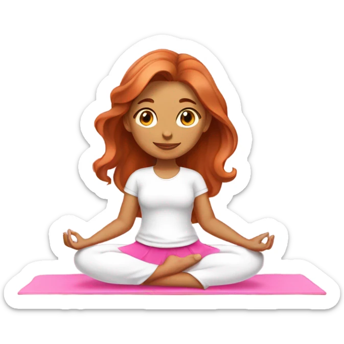 Girl with medium length wavy copper hair wearing white shirt and pink skirt doing yoga on pink yoga mat sticker