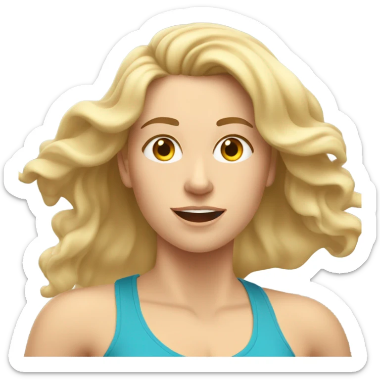 White woman, long hair, blonde hair, wavy hair, treadmill, sweating sticker