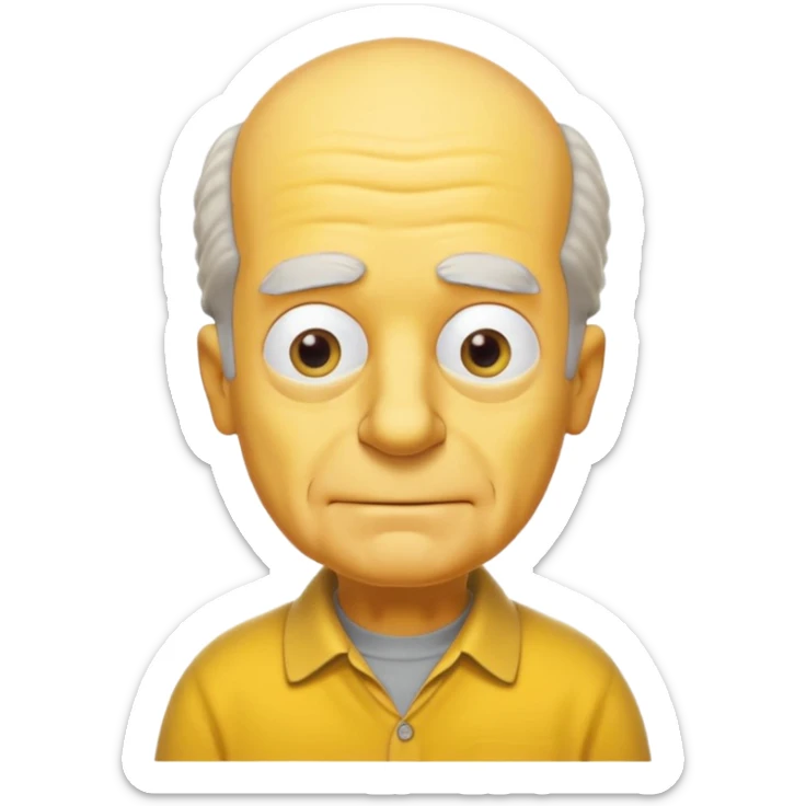 A 3D cartoon close-up portrait of an elderly yellow character styled like Grandpa Simpson, bald head with few tufts of hair, expressive wrinkles, yellow skin and shirt, Memoji-style lighting, matching Simpsons family design. sticker