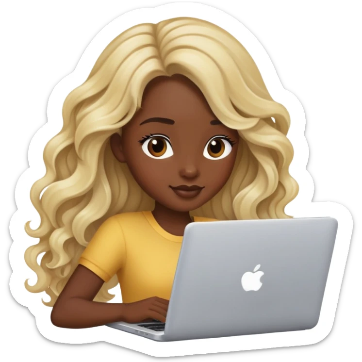 beautiful girl, with long blonde hair, wavy hair, dark skin with laptop sticker