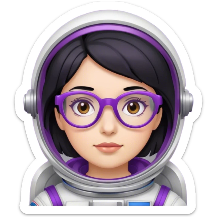 female astronaut with black hair brown eyes and purple glasses sticker