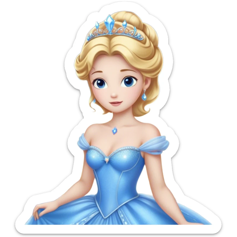 Cinematic Stunning Cinderella Portrait Emoji, Radiant in her sparkling blue ball gown, golden hair in a perfect updo, soft blue eyes full of wonder, glistening tiara, glowing with an ethereal beauty, regal yet kind, a dreamlike aura surrounds her, capturing the essence of a fairy tale princess, elegant and breathtaking! sticker