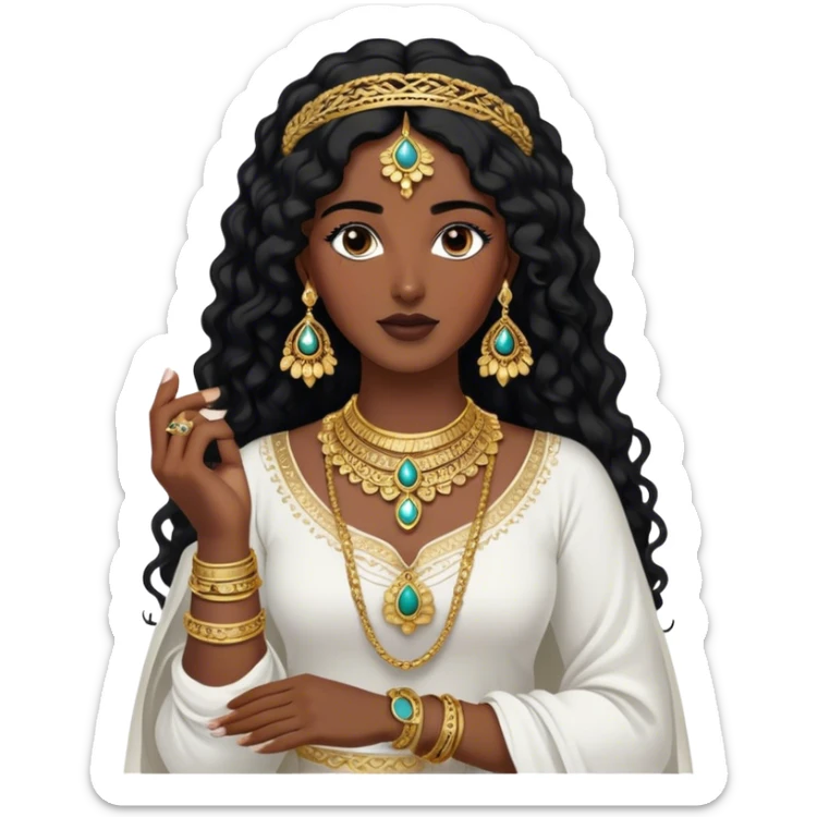 The Palestinian woman, she had long curly black hair and well defined eyebrows wears a white traditional dress. Her accessories steal the spotlight—intricately designed gold bangles, statement rings, and layered necklaces—each piece exuding heritage and craftsmanship.  sticker
