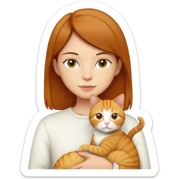 Straight short hair ear length in dark brown , skin tone honey . holding one ginger cat and one yellow white cat same size  sticker