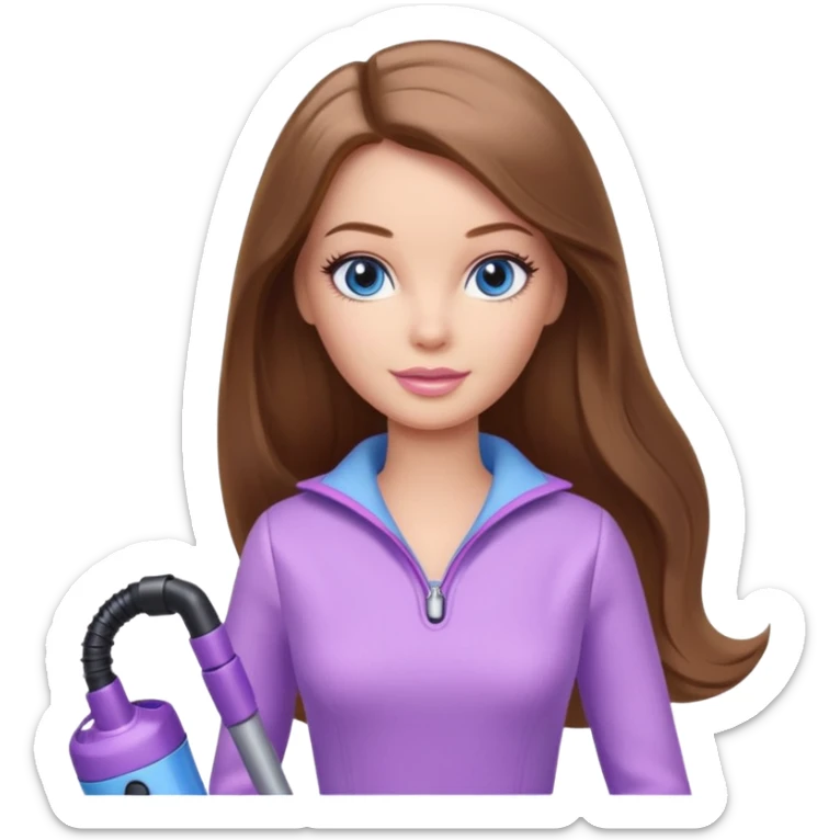 beautiful barbie girl with long brown hair, blue eyes and wearing light purple clothes, cleaning and vacuuming sticker