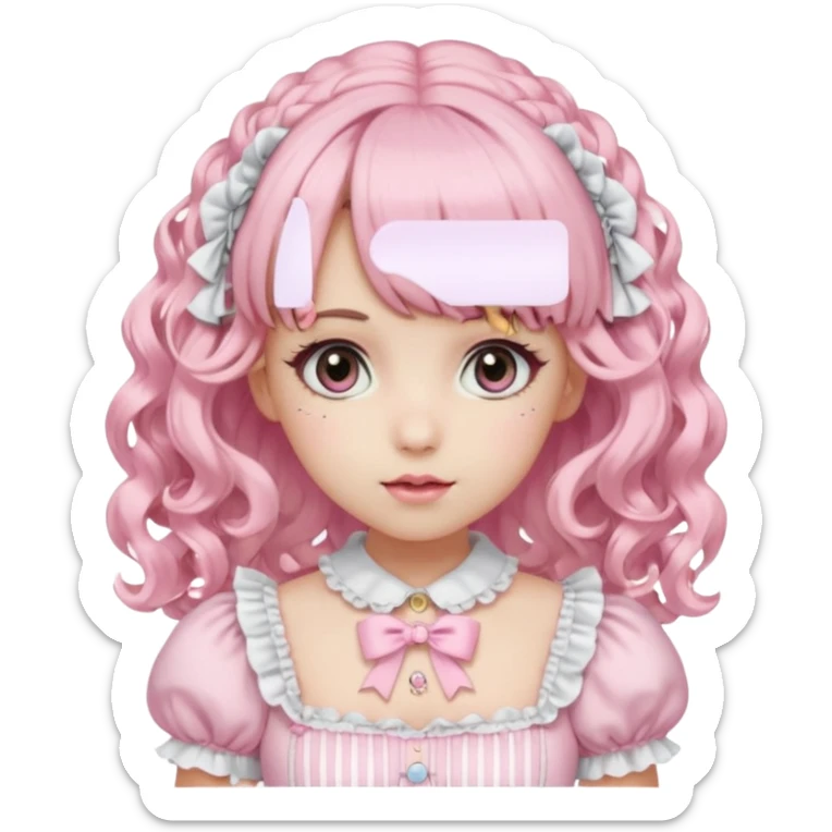 pale girl, curly blonde and pink hair, bangs, grey eyes, doll makeup, wearing a frilly light pink lolita hime gyaru dress, emoji style sticker