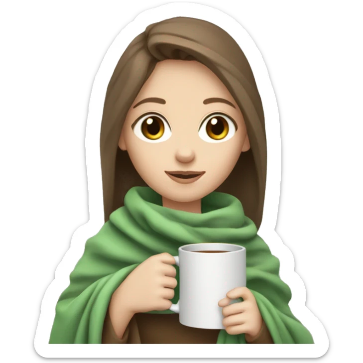 girl holding mug while wrapped in blanket green eyes brown hair pale skin sticker