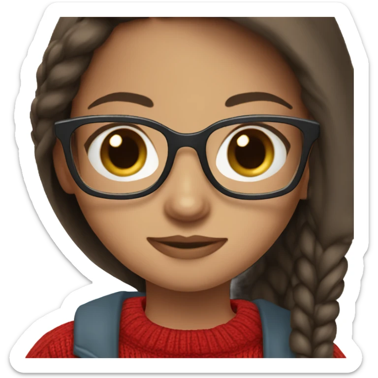 girl, white light skin, long straight dark brown hair, light blue eyes, dark red sweater, glasses, sticker