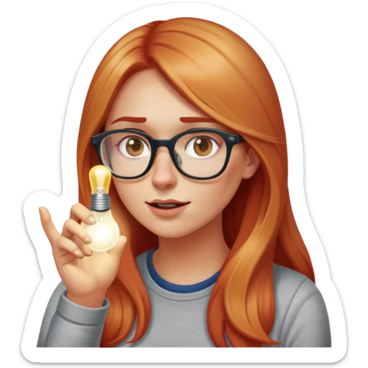 intelligent and clever, 30 year old, girl, long red and almost blond hair, glasses, has an idea, rubs her finger on the nose, light bulb over the head, casual cloth  sticker