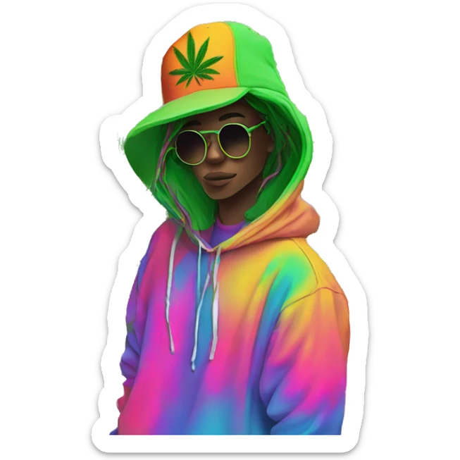 Hemp leaves Multicoloured neon person smoking wearing hoodie dancing hip hop bucket hat tropical Skater fashion aesthetic baggy clothes graphic t shirt 420 sticker
