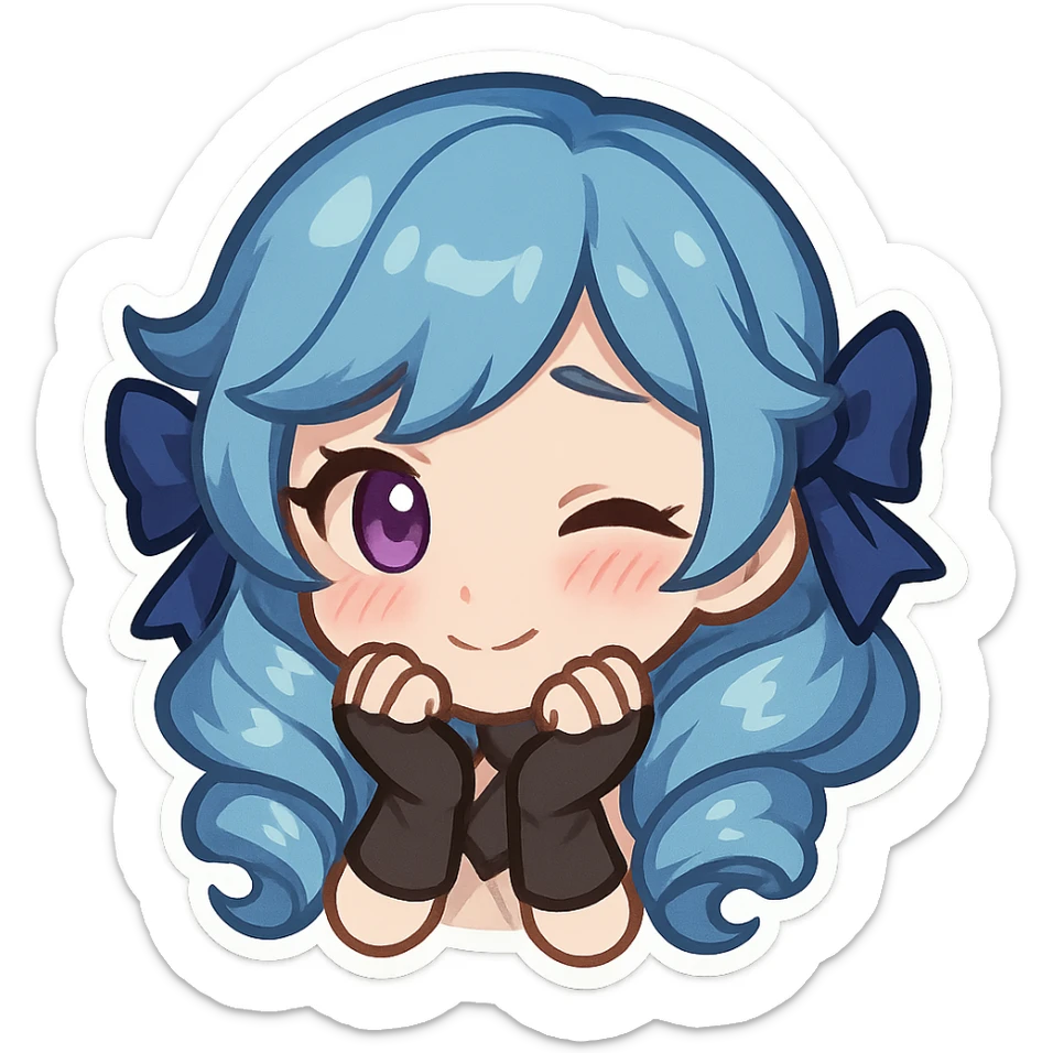 Gwen from League of Legends, chibi emote style, only head visible, right eye purple, shy expression, hands near face, cute and expressive sticker