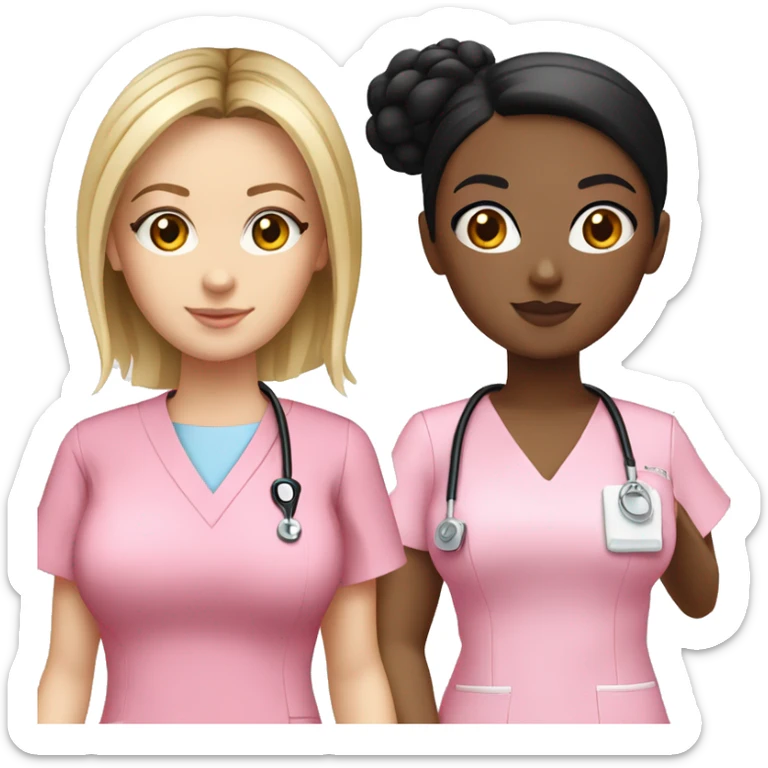 Nurse ,white girl, black hair in a bun,pink scrubs ,Louis Vuitton bag  sticker