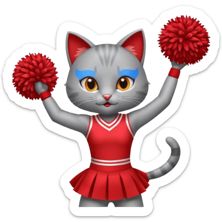 A cute sleek grey cat cheerleader twirling pom-poms with confident energy. sticker