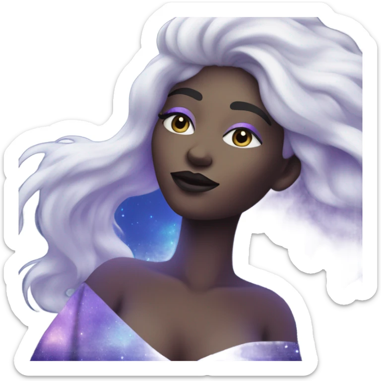 mystical woman with white skin with sparkling galaxy hair with moon and stars in purple and blue shades sticker