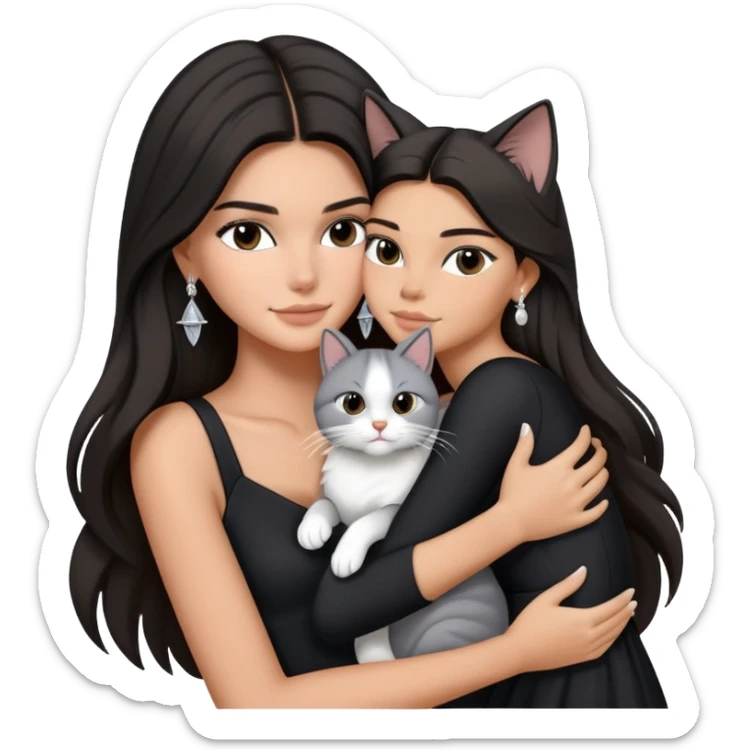 Kendall Jenner long hair with black dress and earrings hug one grey white cat sticker