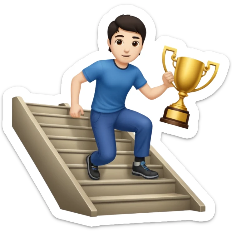 A man with fair skin and dark hair is climbing stairs to grab a trophy sticker