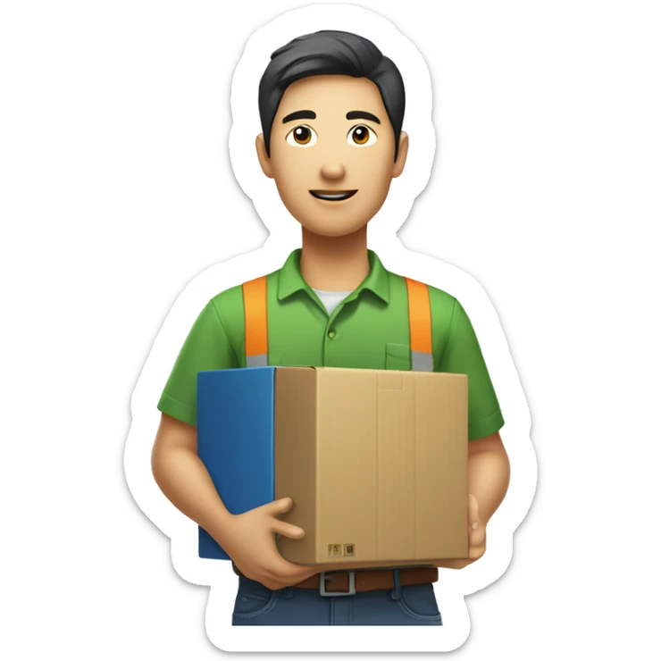 Asian person in logistic company green shirt with box in hand sticker