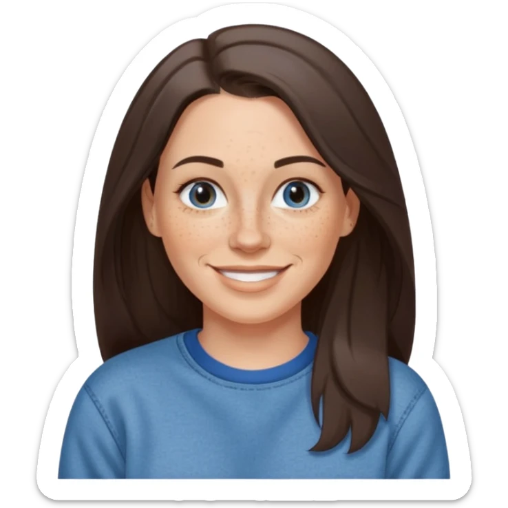 A 38 year old white woman with long dark brown hair parted in the middle. She has a nose ring. She has freckles and is wearing a sweatshirt and jeans smiling sticker