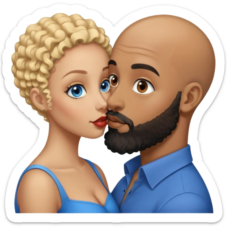 bald head man with brown eyes and black beard kissing African woman with blue eyes and curly blonde hair sticker
