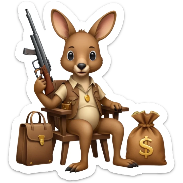 A kangaroo holding a gun and a money bag sitting in a chair with a bag next to him  sticker